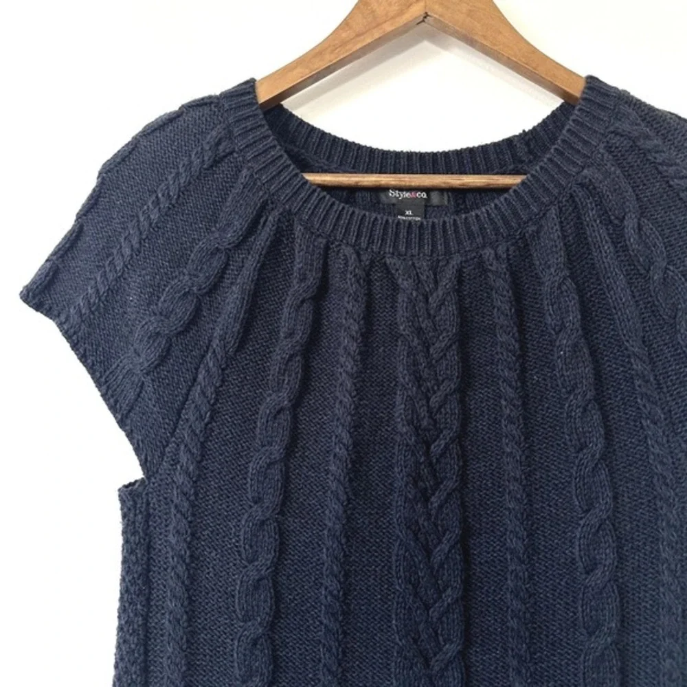 Navy Blue Cable Knit Sweater Dress Tunic Style &‎ Co Pockets XL Cozy Minimalist